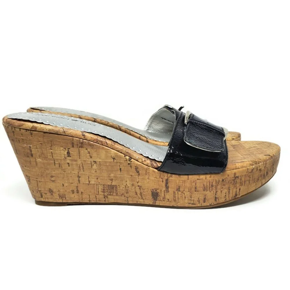 Fashion Bug Size 10 Black Faux Patent Leather Buckle‎ Cork Wedge Heels Sandals